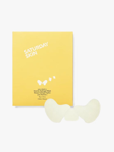 Saturday Skin Yuzu Vitamin C Butterfly Hydrogel Mask yellow box and eye masks on light gray background