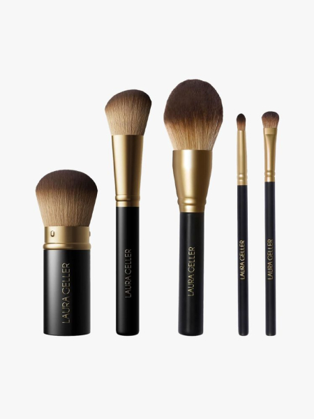 Laura Geller 5-Pc Full Face Brush Set in branded components on a light gray background
